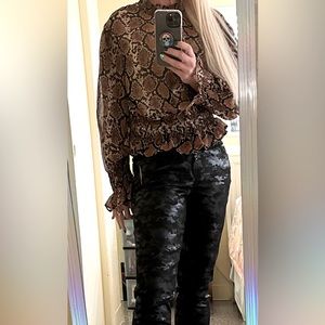 Gorgeous High Collar Animal Print Blouse Looks amazing with Leather.